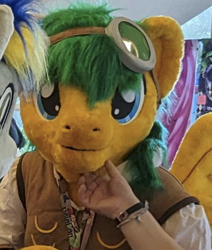 Size: 514x606 | Tagged: safe, artist:atalonthedeer, oc, oc:bronycars, human, pegasus, bust, chin scratch, fursuit, goggles, hand, irl, irl human, photo, ponysuit, portrait, scratches, solo focus