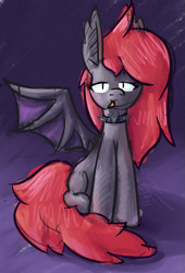 Size: 1575x2310 | Tagged: safe, artist:vandercat, oc, oc only, oc:mr. yabloko, bat pony, pony, bat pony oc, bat wings, chips, doritos, food, gradient background, gray coat, red mane, red tail, sitting, solo, tail, wings