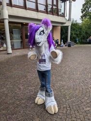 Size: 3024x4032 | Tagged: safe, artist:autumnsfur, oc, oc only, oc:glitter stone, human, galacon, 2024, badge, convention, fursuit, irl, irl human, outdoors, photo, ponysona, ponysuit, solo focus