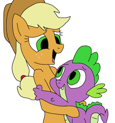 Size: 1008x1072 | Tagged: safe, artist:mojo1985, applejack, spike, dragon, earth pony, pony, g4, season 2, secret of my excess, duo, duo male and female, female, hug, hugging a pony, male, mare, open mouth, scene interpretation, simple background, transparent background, wingless spike