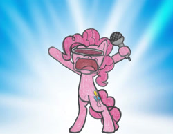 Size: 1023x795 | Tagged: safe, artist:captainquack64, pinkie pie, earth pony, pony, g4, bipedal, female, i'm a goofy goober, mare, microphone, solo, spongebob squarepants, sunburst background, the spongebob squarepants movie