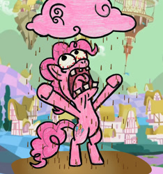 Size: 1024x1096 | Tagged: safe, artist:captainquack64, pinkie pie, earth pony, pony, g4, bipedal, bloodshot eyes, chaos, chocolate, chocolate rain, chocolate with nuts, discorded landscape, female, floating island, food, mare, ponyville, rain, solo, spongebob squarepants