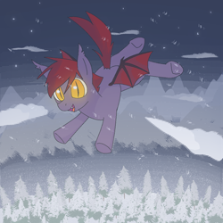 Size: 1000x1000 | Tagged: safe, artist:mileslancer, oc, oc only, oc:embusteiro, bat pony, cloud, falling, gradient background, male, mountain, mountain range, snow, solo, stallion