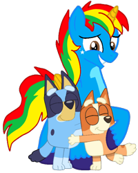 Size: 562x701 | Tagged: safe, artist:shieldwingarmorofgod, oc, oc:shield wing, alicorn, dog, bingo heeler, bluey, bluey heeler, female, male, simple background, transparent background, trio