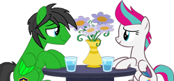 Size: 2289x1070 | Tagged: safe, artist:star-armour95, zipp storm, oc, oc:star armour, pegasus, pony, g4, g5, date, duo, duo male and female, female, flower, flower vase, male, mare, simple background, stallion, straight, transparent background, vector