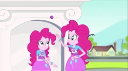 Size: 1489x831 | Tagged: safe, screencap, pinkie pie, human, equestria girls, friendship games bloopers, g4, my little pony equestria girls: friendship games, clothes, cutie mark on clothes, female, pink skirt, self paradox, statue