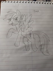 Size: 3060x4080 | Tagged: safe, artist:sewaddle36, derpibooru exclusive, rainbow dash, pegasus, pony, g4, female, flying, lined paper, looking at you, pencil drawing, solo, traditional art