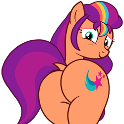 Size: 1011x1011 | Tagged: safe, artist:shieldwingarmorofgod, sunny starscout, earth pony, pony, g4, g5, butt, dock, female, g5 to g4, generation leap, looking at you, looking back, looking back at you, mane stripe sunny, plot, rear view, simple background, solo, sunny starbutt, tail, transparent background, vector