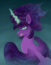 Size: 1705x2160 | Tagged: safe, artist:sociofag, sci-twi, twilight sparkle, alicorn, g4, fangs, glowing, glowing horn, horn, midnight sparkle, multicolored hair, smiling, smirk, solo, twilight sparkle (alicorn), wings