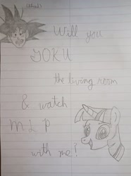 Size: 2384x3204 | Tagged: safe, artist:sewaddle36, derpibooru exclusive, twilight sparkle, pony, saiyan, unicorn, g4, dragon ball, duo, duo male and female, female, horn, lined paper, looking at you, male, note, pencil drawing, pun, son goku, text, traditional art