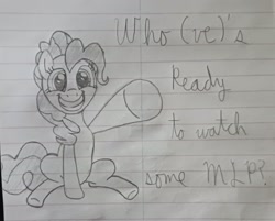 Size: 2570x2065 | Tagged: safe, artist:sewaddle36, derpibooru exclusive, pinkie pie, earth pony, pony, g4, female, hoofbump, lined paper, looking at you, note, pencil drawing, raised hoof, sitting, smiling, solo, text, traditional art