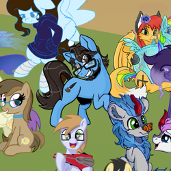 Size: 561x561 | Tagged: safe, artist:memprices, oc, oc:ibis paint, unicorn, 2024 community collab, derpibooru community collaboration, beard, facial hair, glasses, grin, group photo, horn, looking at you, ponysona, raised hoof, smiling, smiling at you