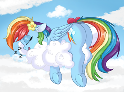 Size: 3000x2229 | Tagged: safe, artist:marbatra, rainbow dash, pegasus, pony, g4, bow, butt, cloud, dock, eyes closed, flower, flower in hair, frog (hoof), hoofbutt, on a cloud, onomatopoeia, open mouth, plot, rainbutt dash, sleeping, sleeping on a cloud, sleepydash, solo, sound effects, tail, tail bow, underhoof, zzz