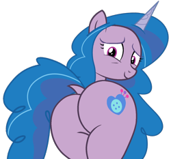 Size: 1146x1068 | Tagged: safe, artist:shieldwingarmorofgod, izzy moonbow, pony, unicorn, g4, g5, butt, dock, female, g5 to g4, generation leap, horn, izzy moonbutt, looking at you, looking back, looking back at you, mare, plot, rear view, simple background, solo, tail, transparent background, vector