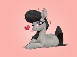 Size: 3108x2306 | Tagged: safe, artist:aquaticvibes, octavia melody, earth pony, pony, g4, bangs, blushing, colored, colored eyebrows, colored hooves, colored pinnae, cute, eyebrows, eyebrows visible through hair, eyelashes, female, floating heart, fluffy, gradient background, heart, high res, hooves, looking at you, lying down, mare, missing accessory, prone, red background, shading, shadow, smiling, smiling at you, solo, spoken heart, sternocleidomastoid, stray strand, tavibetes