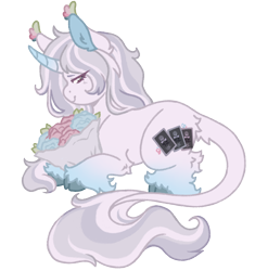 Size: 1060x1130 | Tagged: safe, artist:kazmuun, oc, oc only, oc:spectral clairvoyance, pony, bouquet, bouquet of flowers, butt fluff, chibi, cloven hooves, colored ear tufts, colored eyelashes, colored hooves, colored lineart, colored pinnae, curved horn, ear fluff, ear tufts, eye clipping through hair, eyelashes, female, female oc, flower, gradient horn, gradient legs, gray hooves, gray mane, gray tail, hock fluff, hooves, horn, long mane, long tail, looking back, lying down, mare, mare oc, pink eyes, profile, prone, red eyelashes, signature, simple background, smiling, solo, striped mane, striped tail, tail, tail fluff, teal hooves, transparent background, unicorn horn, unshorn fetlocks, white coat