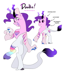 Size: 1855x2048 | Tagged: safe, artist:aztrial, oc, oc only, oc:doodle, draconequus, bipedal, bisexual pride flag, blatant lies, claws, colored hooves, disguised draconequus, draconequus oc, draconequusona, female, gradient horns, gradient tail, hooves, leg stripes, leonine tail, mare, mismatched hooves, open mouth, open smile, paper-thin disguise, paw pads, paws, pride, pride flag, purple eyes, raised hoof, simple background, smiling, solo, standing, standing on one leg, stripes, tail, unshorn fetlocks, white background