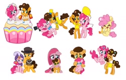 Size: 2282x1455 | Tagged: safe, artist:rlabbiy, boneless, cheese sandwich, li'l cheese, pinkie pie, earth pony, pony, g4, accordion, balloon, cheese sandwich plushie, clothes, colt, female, foal, giant cupcake, grin, hat, looking at each other, looking at someone, madame pinkie, male, mare, musical instrument, one eye closed, open mouth, outline, pinkamena diane pie, pinkie pie plushie, plushie, poncho, scarf, simple background, smiling, stallion, suit, white background, white outline, wink, younger