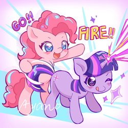 Size: 2560x2560 | Tagged: safe, artist:ayano的百宝袋, pinkie pie, twilight sparkle, earth pony, pony, unicorn, a canterlot wedding, g4, behaving like a weapon, blast, cute, diapinkes, duo, duo female, female, horn, magic, magic beam, magic blast, twiabetes, twigun, unicorn twilight