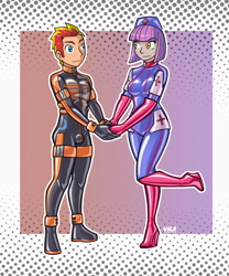 Size: 2658x3189 | Tagged: safe, artist:vanessarubberart, oc, oc only, oc:fireheart(fire), oc:nurse lavender blossom, human, equestria girls, g4, alternate universe, clothes, duo, duo male and female, equestria girls-ified, female, fireheart76's latex suit design, gloves, latex, latex boots, latex gloves, latex suit, male, prisoners of the moon, rubber, rubber boots, rubber gloves, rubber suit