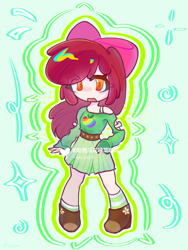 Size: 1600x2133 | Tagged: safe, artist:哈密瓜花噎菜咖啡, apple bloom, human, g4, abstract background, clothes, humanized, shirt, shoes, skirt, socks, solo, thin