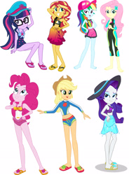 Size: 1920x2605 | Tagged: safe, artist:ajosterio, artist:cloudy glow, artist:curvesandlines, artist:dustinwatsongkx, artist:marcorulezzz, artist:sugar-loop, edit, editor:jbrony, applejack, fluttershy, pinkie pie, rainbow dash, rarity, sci-twi, sunset shimmer, twilight sparkle, human, equestria girls, equestria girls specials, g4, my little pony equestria girls: better together, my little pony equestria girls: forgotten friendship, x marks the spot, adorasexy, apple, applejack's beach shorts swimsuit, applejack's hat, arm behind head, attached skirt, bag, bare shoulders, barefoot, beach, beautiful, belly, belly button, bikini, bikini babe, bikini top, blue swimsuit, bow swimsuit, bracelet, cap, captain hat, clad feet, clothes, confident, cowboy hat, cute, cutie mark on clothes, diapinkes, eyebrows, eyeshadow, feet, female, flip-flops, fluttershy's wetsuit, food, geode of empathy, geode of shielding, geode of super speed, geode of super strength, geode of telekinesis, grin, hand on hip, hat, high res, jewelry, long sleeves, looking up, magical geodes, makeup, necklace, one-piece swimsuit, pink swimsuit, pinkie pie swimsuit, pose, raised eyebrow, rarity's blue sarong, rarity's purple bikini, sandals, sarong, sci-twi swimsuit, sexy, shadow, shoulder bag, simple background, sitting, skirt, sleeveless, slender, smiling, standing, sun hat, sunset selfie, sunset shimmer's beach shorts swimsuit, swimsuit, thin, thinking, twiabetes, vector, wetsuit, white background