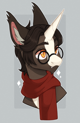 Size: 649x994 | Tagged: safe, artist:sararini, oc, oc:moonstone, pony, unicorn, bust, glasses, horn, male, portrait, solo, stallion