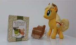 Size: 4322x2583 | Tagged: safe, applejack, pony, g4, cyrillic, food, irl, photo, plushie, russian, solo