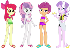 Size: 1584x1080 | Tagged: safe, artist:ajosterio, artist:discorded-joker, edit, editor:jbrony, apple bloom, diamond tiara, scootaloo, sweetie belle, human, equestria girls, g4, apple, barefoot, belly, belly button, bikini, bikini bottom, bikini top, bow, clothes, clothes swap, commission, ear piercing, earring, feet, female, finger snap, food, foot tapping, hair bow, hairband, hairpin, heart, jewelry, legs, looking at you, looking up, necklace, piercing, sandals, sarong, simple background, sleeveless, smiling, smug, snapping, swimsuit, tapping, thin, transparent background, vector