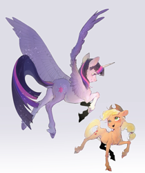 Size: 2148x2560 | Tagged: safe, artist:bilang993, applejack, twilight sparkle, alicorn, earth pony, pony, g4, butt, duo, duo female, female, gradient background, large wings, looking at each other, looking at someone, mare, physique difference, plot, size difference, skinny, spread wings, thin, twilight sparkle (alicorn), wings