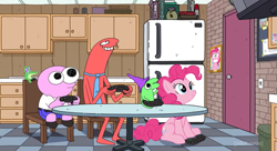 Size: 1121x610 | Tagged: safe, artist:umsx, edit, edited screencap, screencap, gummy, pinkie pie, alligator, earth pony, pony, g4, adult swim, allan red, cartoon network, gaming, glep, pim pimling, shitposting, smiling friends