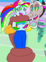 Size: 768x1024 | Tagged: safe, artist:ticklehypno, discord, rainbow dash, draconequus, human, equestria girls, g4, belly button tickle, blushing, cap, clothes, coils, crying, cute, dashabetes, duo, feather, female, fetish, hat, hypno dash, hypno eyes, hypnosis, hypnotized, kaa eyes, laughing, looking at each other, looking at someone, male, open mouth, open smile, ponytail, smiling, smiling at each other, tears of laughter, tickle fetish, tickle torture, tickling, world of chaos, wrapped up