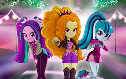 Size: 4096x2568 | Tagged: safe, artist:charliexe, adagio dazzle, aria blaze, sonata dusk, equestria girls, equestria girls specials, find the magic, g4, my little pony equestria girls: better together, 4k, adoragio, ariabetes, armband, bangs, boots, bracelet, clothes, converse, curly hair, cute, eyeshadow, female, greenbutt pants, heart hands, high res, jacket, jewelry, leather, leather jacket, long sleeves, looking at you, makeup, outdoors, pigtails, pointing, pointing at you, ponytail, shoes, shorts, smiling, sneakers, sonatabetes, spiked wristband, taco dress, the dazzlings, the dazzlings have returned, thigh boots, trio, trio female, twintails, waist belt, wallpaper, wristband