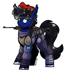 Size: 1839x1962 | Tagged: safe, artist:lrusu, oc, oc only, oc:night reader, bat pony, hybrid, unicorn, equestria at war mod, armor, beret, gun, hat, horn, hybrid oc, leg wraps, male, rifle, simple background, solo, transparent background, unshorn fetlocks, weapon