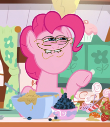 Size: 500x574 | Tagged: safe, artist:umsx, edit, edited screencap, editor:umsx, screencap, pinkie pie, g4, secrets and pies, batter, blueberry, candy, cropped, egg beater, food, just one bite, kitchen, lollipop, meme, reference, solo, spongebob reference, spongebob squarepants, strawberry, you like krabby patties don't you squidward?