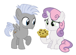 Size: 494x353 | Tagged: safe, edit, vector edit, chipcutter, sweetie belle, pegasus, pony, unicorn, g4, blank flank, chipbelle, chocolate chip muffin, colt, duo, duo male and female, female, filly, foal, food, generosity, horn, male, muffin, raised hoof, shipping, simple background, sitting, spread wings, straight, transparent background, vector, wings