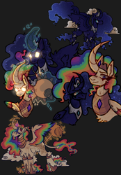 Size: 1640x2360 | Tagged: safe, artist:mercedeskenny, princess celestia, princess luna, alicorn, pony, g4, alternate design, colored wings, curved horn, duo, duo female, female, glowing, glowing eyes, gray background, hock fluff, horn, leg fluff, mare, multicolored hair, multicolored wings, rainbow hair, rainbow wings, royal sisters, siblings, simple background, sisters, wing fluff, wings