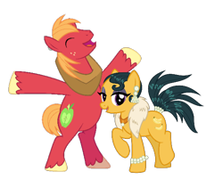 Size: 606x490 | Tagged: safe, edit, vector edit, big macintosh, cleopatra jazz, earth pony, pony, g4, bipedal, crack shipping, duo, duo male and female, eyes closed, female, happy, macjazz, male, mare, open mouth, open smile, shipping, simple background, smiling, stallion, straight, transparent background, vector