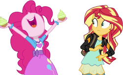 Size: 4153x2520 | Tagged: safe, edit, edited screencap, editor:homersimpson1983, screencap, pinkie pie, sunset shimmer, human, equestria girls, g4, background removed, cupcake, duo, duo female, female, food, not a vector, simple background, transparent background