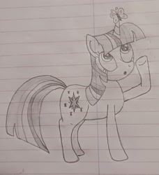 Size: 2481x2725 | Tagged: safe, artist:sewaddle36, derpibooru exclusive, twilight sparkle, butterfly, pony, unicorn, g4, curious, female, horn, lined paper, pencil drawing, solo, traditional art, unicorn twilight