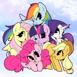 Size: 1750x1750 | Tagged: safe, artist:vivian reed, applejack, fluttershy, pinkie pie, rainbow dash, rarity, twilight sparkle, earth pony, pegasus, pony, unicorn, g4, abstract background, female, halftone effect, horn, looking at you, mane six, mare, no sclera, one eye closed, open mouth, open smile, pac-man eyes, smiling, smiling at you, tongue out, wink, winking at you