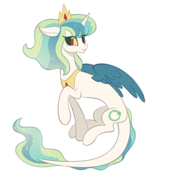 Size: 2009x2048 | Tagged: safe, artist:risswm, oc, oc only, oc:harmony (risswm), hybrid, colored sclera, concave belly, crown, female, high res, interspecies offspring, jewelry, mare, offspring, parent:discord, parent:princess celestia, parents:dislestia, peytral, regalia, simple background, slender, smiling, solo, thin, white background, yellow sclera