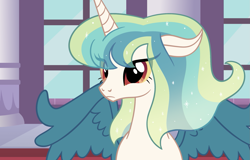 Size: 1757x1124 | Tagged: safe, artist:risswm, oc, oc only, oc:harmony (risswm), hybrid, g4, bust, canterlot castle, colored sclera, ethereal mane, eye clipping through hair, female, interspecies offspring, mare, offspring, parent:discord, parent:princess celestia, parents:dislestia, partially open wings, show accurate, slender, solo, starry mane, thin, wings, yellow sclera