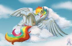 Size: 3747x2413 | Tagged: safe, artist:nanatasoyr, rainbow dash, pegasus, semi-anthro, g4, armpits, butt, chest fluff, cloud, crossed legs, featureless crotch, female, fluffy, grin, hooves behind head, humanoid torso, lying down, mare, on a cloud, on back, plot, signature, sky, smiling, solo, spread wings, unshorn fetlocks, wings