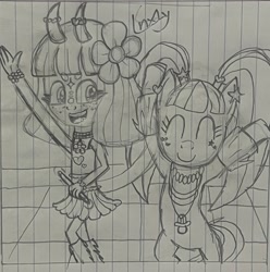 Size: 2830x2851 | Tagged: safe, artist:lnx1ynight16, pacific glow, oc, oc:lnx1y, earth pony, original species, pony, g4, bangs, bracelet, choker, clothes, dance floor, dancing, female, flower, flower in hair, glowstick, having fun, horns, jewelry, kandi, kandi cuff, land overlander, lined paper, looking at someone, necklace, open mouth, overlander, pencil drawing, pigtails, rave, sketch, skirt, smiling, standing on two hooves, tail, traditional art