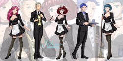 Size: 3000x1500 | Tagged: safe, artist:neldorwen, cobalt stone, lemony crumble, red ribbons, tote bag (g4), twinkleworks, human, g4, anime, bishonen, clothes, commission, commissioner:beef--wellington, digital art, fanart, fanfic art, french maid, humanized, maid, servant, story:the life and times of the equestrian dragon, zoom layer