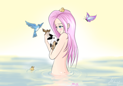 Size: 1920x1344 | Tagged: safe, artist:mricantdraw, fluttershy, bird, butterfly, duck, human, g4, animal, artistic nudity, bathing, blushing, female, humanized, nudity, partially submerged, signature, solo, strategically covered, water