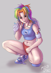 Size: 2226x3200 | Tagged: safe, artist:mricantdraw, rainbow dash, human, g4, clothes, female, high res, humanized, midriff, shoes, solo, sports bra, sports panties, tank top, thighs, thunder thighs, towel, workout outfit