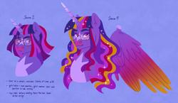 Size: 2906x1685 | Tagged: safe, artist:fizzmitz, twilight sparkle, alicorn, pony, unicorn, g4, ascension enhancement, blue background, bust, claws, coat markings, colored wings, facial markings, female, glasses, gradient wings, horn, looking at you, mare, simple background, smiling, smiling at you, solo, star (coat marking), twilight sparkle (alicorn), ultimate twilight, unicorn twilight, wing claws, wings