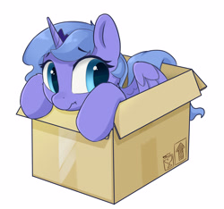 Size: 4409x4134 | Tagged: safe, artist:youle, princess luna, alicorn, pony, g4, :t, aside glance, box, cardboard box, cute, female, filly, filly luna, looking at you, lunabetes, pony in a box, scrunchy face, simple background, solo, spread wings, tape, white background, wings, woona, younger